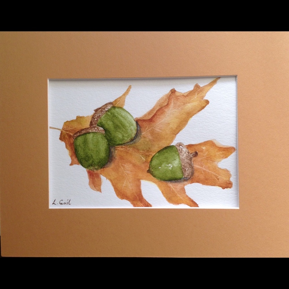 Original watercolor painting acorns on oak leaf